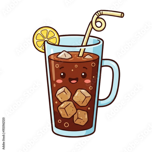 A vector illustration design featuring a cold glass of cola with ice and a straw alongside a sweet cup of tea as a refreshing beverage icon set