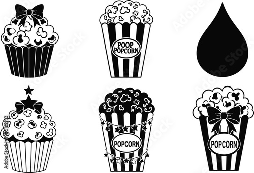 Set of Popcorn and Cupcake Vector Silhouettes Featuring Festive Bows and Stars for Cinema Party Snacks and Movie Night Concessions Graphic Design 
