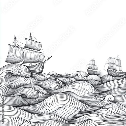 Three Vintage Sailing Ships Battling Turbulent Ocean Waves.