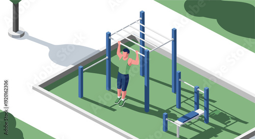 Isometric vector illustration of a man doing pull-ups at an outdoor gym. Ideal for fitness, health, recreation, and urban lifestyle content. Can be used for web design and print.