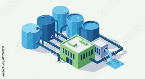 Isometric vector illustration of an industrial water treatment plant with storage tanks, pipes, buildings, and water flow. Clean energy, environment, and manufacturing concepts.