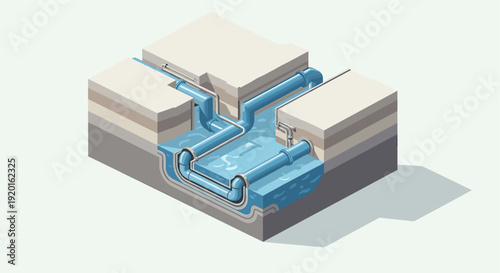 Isometric illustration of an underground water pipe system, ideal for engineering, infrastructure, or water management related projects. Stylized design with clean lines and a neutral color palette.