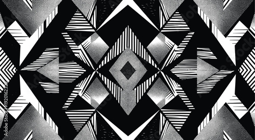 Symmetrical geometric tribal pattern with black and white diamond shapes featuring hand drawn stippling texture and diagonal stripes for modern ethnic fabric textile design