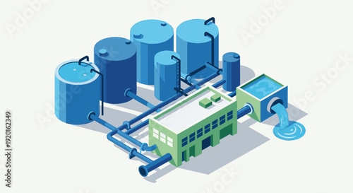 Isometric illustration of a water treatment plant with tanks, pipes, and facility buildings. Suitable for illustrating industrial processes, water management, sustainability concepts.