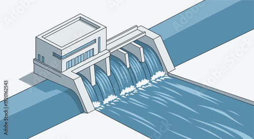 An isometric illustration of a dam and river. Illustrative image for power, energy, environment, climate change and engineering concepts. Clean illustration style.