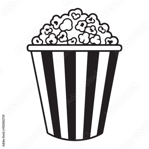 A black and white illustration of a striped bucket filled with popcorn