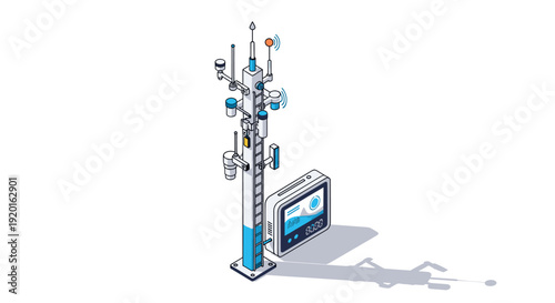 Isometric illustration of a smart weather station with a digital display. Ideal for use in presentations, websites, and educational materials about climate, technology, and forecasting.