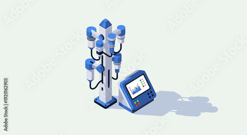 Isometric vector illustration featuring a modern industrial machine alongside a control panel. Ideal for illustrating technological advancements, manufacturing automation, and industrial solutions.