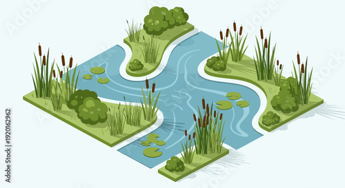 Isometric illustration of a river with islands, vegetation, cattails, and lily pads. Ideal for use in educational materials, games, or nature-themed designs.