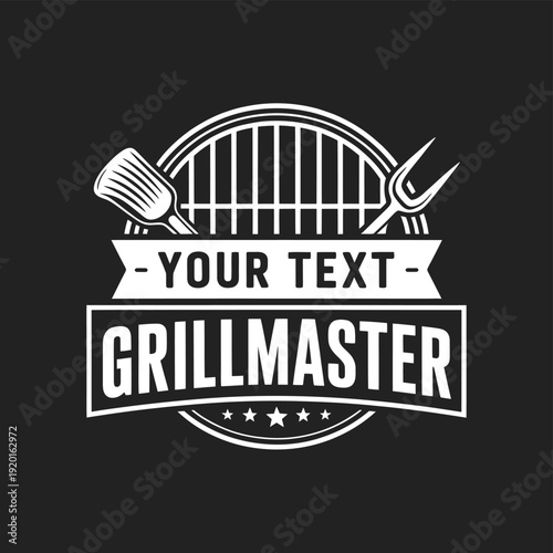 Vintage grillmaster emblem featuring barbecue tools and a grill grate design