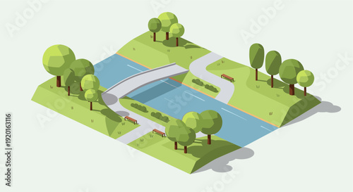Isometric illustration of a park featuring a river, bridge, walking path, trees and benches. Ideal for website banners, infographic elements, or map designs.