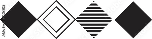 Abstract geometric diamond shapes set with solid outline and striped styles in black minimal design for modern vector illustration background