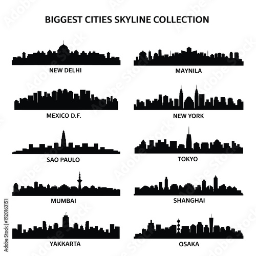 Silhouettes of major world cities including New Delhi Tokyo and Osaka