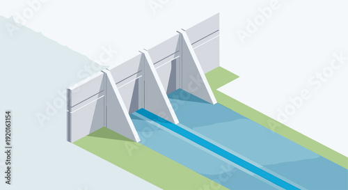 Isometric graphic of a dam with flowing water and green grass banks, ideal for conveying engineering, infrastructure, or environmental themes.