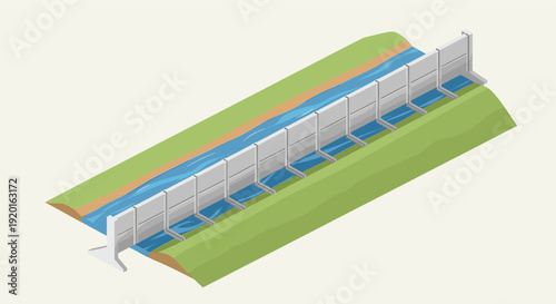 Isometric illustration of a river canal with concrete bridge and white fence. Cartoon style, simple design. Can be used for presentations, posters, designs.