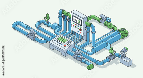 Isometric illustration of a water filtration and control system with pipes, valves, and control panels. Suitable for themes like water management, plumbing, engineering, and industrial processes.