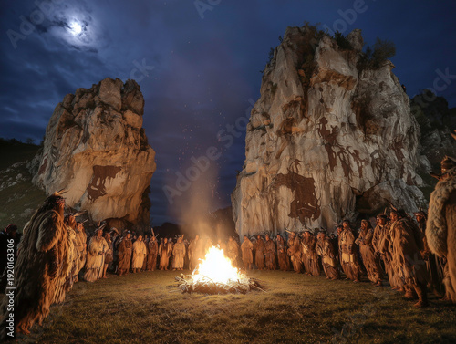 Atmospheric illustration of a group of prehistoric people gathered around a fire at night, engaged in a ritual or tribal ceremony with dramatic firelight casting long shadows