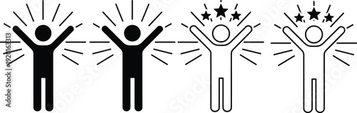 Achievement success human icons set with raised arms stars and celebration lines in black outline style for motivation vector illustration