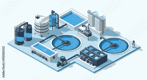 Clean, isometric illustration of a water treatment plant, ideal for demonstrating technology, infrastructure, or environmental concepts. Minimalist style in shades of blue and gray.