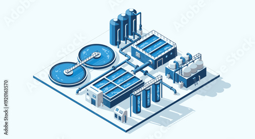 Vector illustration of a water treatment plant. Ideal for infographics, presentations, and websites about water purification, wastewater treatment, and environmental sustainability.