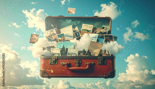 Open suitcase filled with memories floating in a dreamy sky.