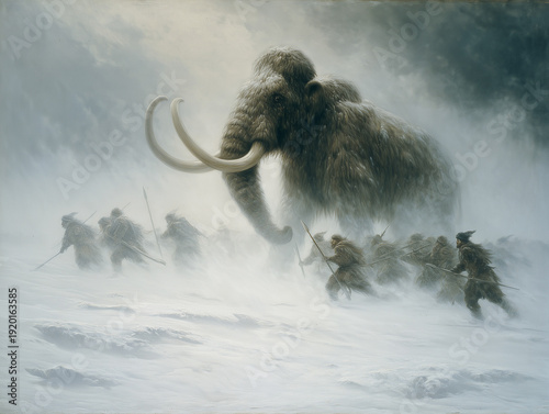 Dynamic paint illustration depicting a dramatic prehistoric hunting scene where a tribe of early humans attacks a massive woolly mammoth with spears during a snowy blizzard