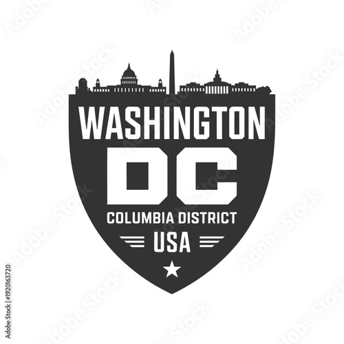 Washington DC skyline emblem with iconic landmarks and patriotic text