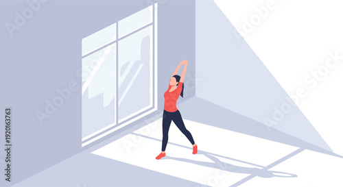 Isometric illustration of a woman stretching by a large window. Represents wellness, fitness, and healthy lifestyle. Clean, minimalist design ideal for health, fitness, or architectural website.
