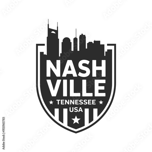 Nashville tennessee skyline logo within a shield shaped design