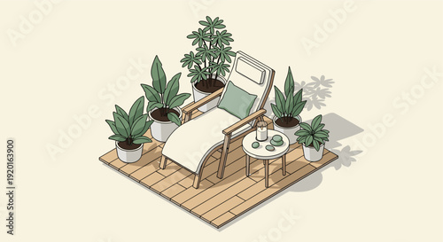 Isometric vector illustration of a lounge chair, side table, and potted plants on a wooden deck. Perfect for summer, relaxation, or interior design concepts.