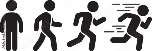 Running and walking people icons. Man stands, walk and run illustration. People symbol. Run, walk, stand. Vector illustration