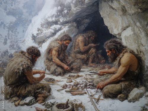 Atmospheric illustration of a group of Neanderthals inside a cave during winter, gathered around a warm fire to prepare hunted prey, highlighting survival, resourcefulness