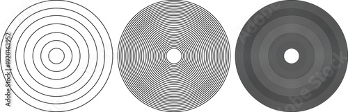 Abstract Black Concentric Circles with Hypnotic Dotted and Linear Patterns on a White Background – Halftone Ring Polygon Geometric Design with Editable Vector Strokes for Creative Projects