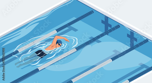 Vector illustration of a swimmer in a pool doing the crawl stroke. Clean, modern style ideal for health, fitness, recreation, and sporting concepts.