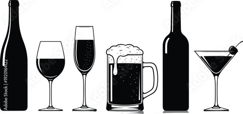 Alcohol drinks silhouette set, wine bottle, wine glass, champagne flute, beer mug, cocktail glass, bar beverage collection, isolated vector illustration, black drink icons