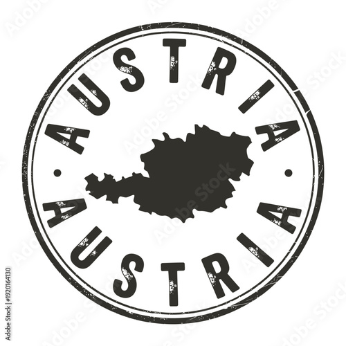 Circular stamp featuring the name and map of austria in black