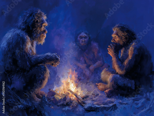 Atmospheric illustration of a group of Neanderthals inside a cave during winter, gathered around a warm fire to prepare hunted prey, highlighting survival, resourcefulness