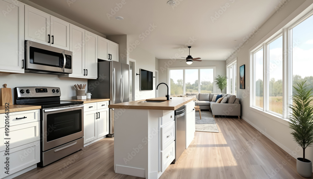 Fototapeta premium Modern open plan kitchen flows into bright living room. White cabinets and wood counters. Large windows offer natural light and scenic outdoor views. Comfortable sofa arrangement.