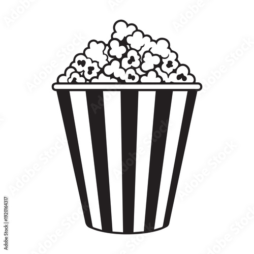 A black and white illustration of a striped bucket filled with popcorn