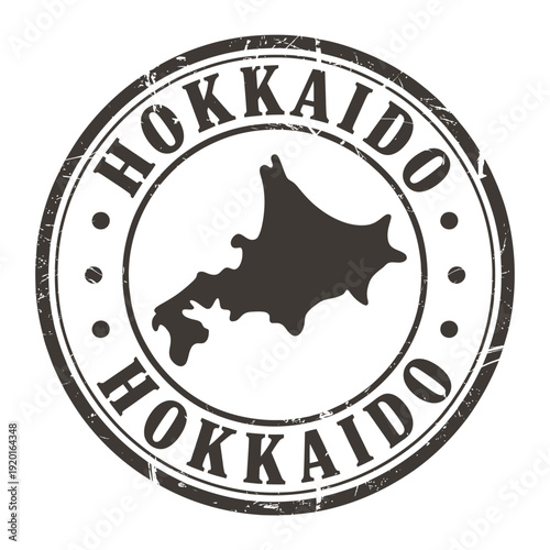 Vintage style stamp featuring the island of Hokkaido Japan and its name