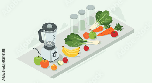 Illustration of blender with variety of fresh fruits and vegetables. Ideal for healthy eating, wellness, recipe blogs, smoothie preparation. Graphic, clean style.