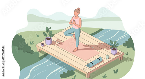 A cartoon illustration of a woman in tree pose on a yoga mat placed on a wooden deck, with plants and river background. Suitable for health, wellness, or fitness themes.