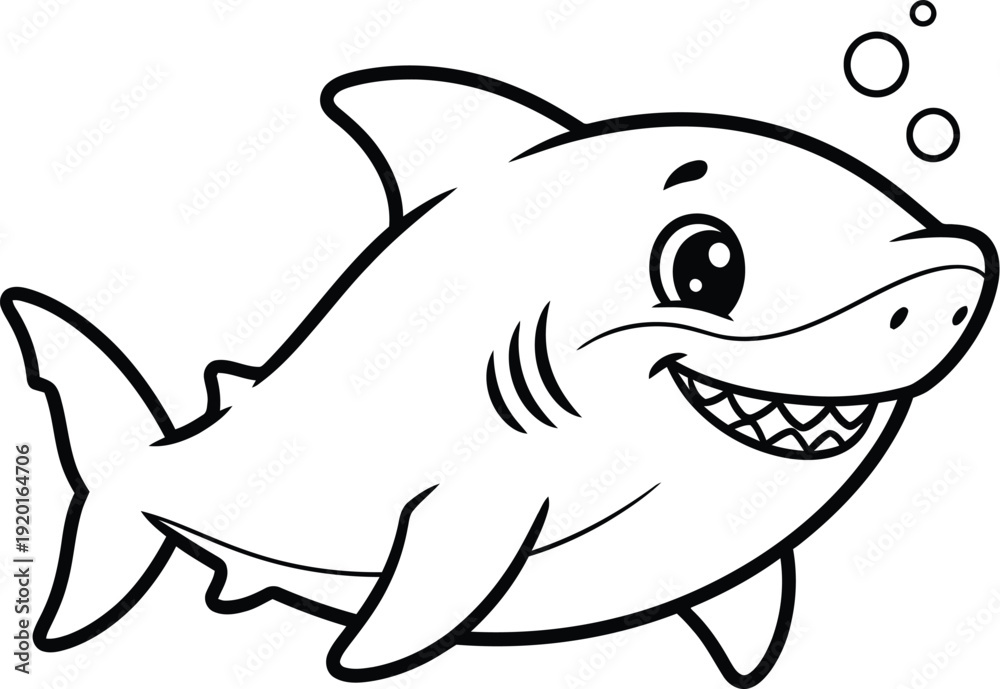 Fototapeta premium Cute Cartoon Shark Outline Vector Illustration, Smiling Baby Shark Line Art Design