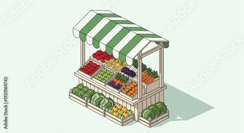 Isometric vector illustration of a market stand brimming with fresh fruits and vegetables. Could be used for illustrating concepts of healthy eating, local markets, or groceries.