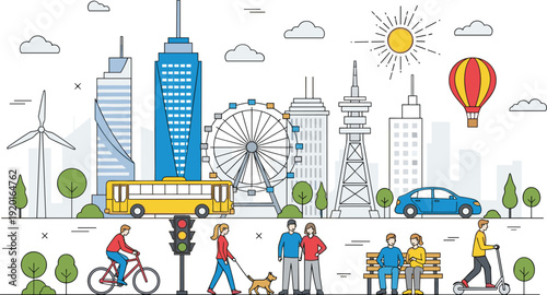 Modern smart city illustration, urban lifestyle cityscape with people transport buildings, sustainable mobility concept, flat design vector, eco friendly city, isolated urban environment scene