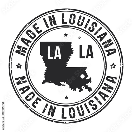 Circular stamp featuring the state of louisiana and text details