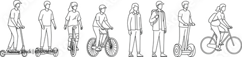 Urban people transportation line set, walking people, electric scooter, hoverboard, bicycle riding, city lifestyle characters, modern mobility concept, outline vector illustration, isolated design