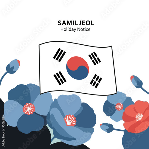 A holiday notice for Samiljeol, the Korean Independence Movement Day, featuring the South Korean flag and blooming flowers.