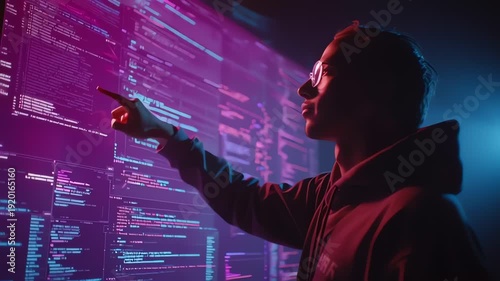A man in a dark hoodie interacts with a large screen displaying coding interface with pink and blue hues in a dark room.