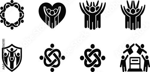 Community Care and Team Support Icons Set with Heart, Protection Shield, Partnership, Social Unity, and Family Help Symbols for Nonprofit and Charity Design.